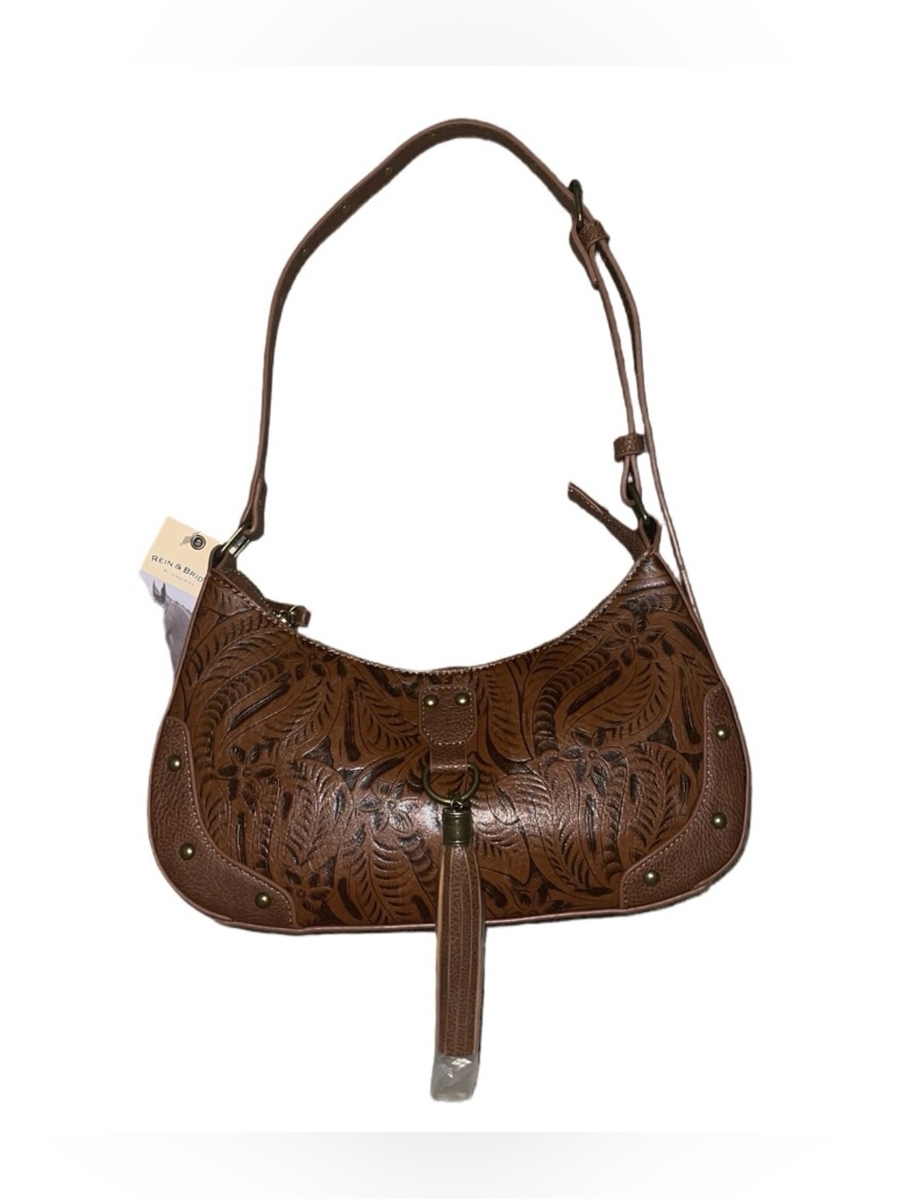 Tooled Brown Leather Shoulder Bag with Tassel Accent